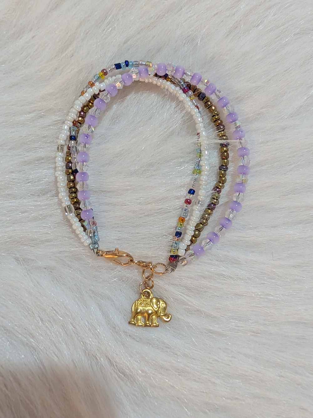 Beaded Multi-Row Bracelet with Gold Elephant Charm - Lavender & White